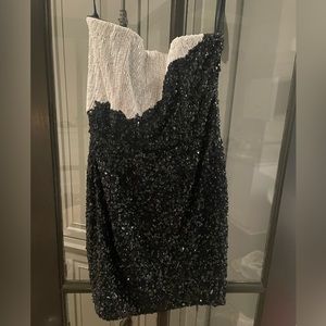 Alice and Olivia Strapless Sequin & beaded Mini Dress | black & white | size 4
